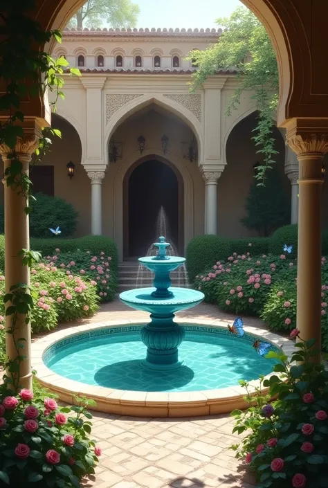 A traditional Persian vista - A serene Persian garden scene with a blue fountain at its heart, set within a courtyard surrounded by lush flowering plants and ancient stone pathways. Islamic architecture frames the scene with intricate arabesque arches, whi...