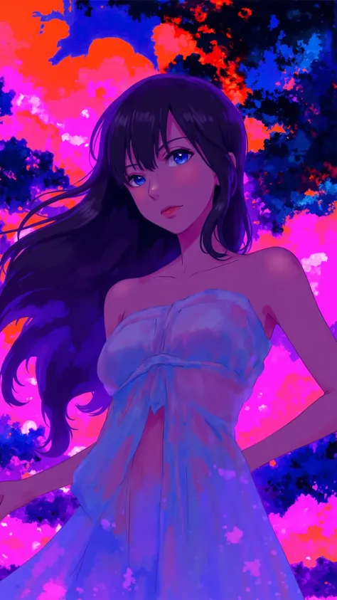 japanese expressionist artwork, 1 sexy slender girl, dress, long hair, neon color palette, 