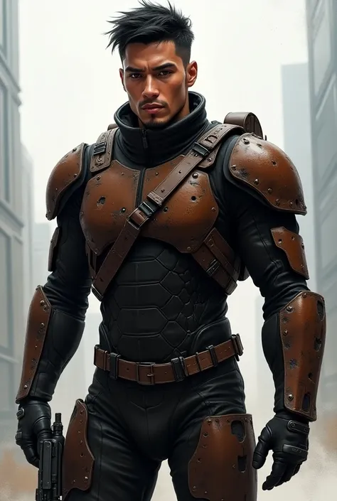 Illustrate a futuristic male soldier wearing a black tech suit with a high collar. He has dark brown heavy armored plates over top that cover his chest, bracers, and thighs. The brown paint is chipped and the armor has dents and scratches. He wears knee-hi...