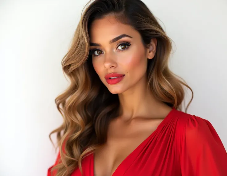 beautiful woman with Latin features, brown eyes and light brown skin with long, beautiful, hydrated, nourished, shiny hair, the ends look closed, she has no frizz and dyed dark blonde hair. The white background. She has a pretty red sleeved blouse and red ...