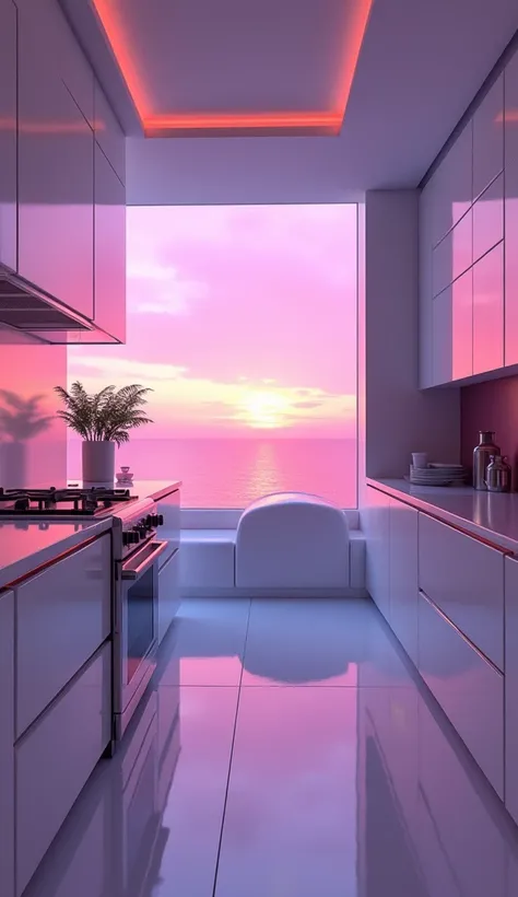 dreamy, luxurious kitchen with white satin metallic glossy furniture at twilight with a view overlooking of miami vice city sunset. gradient of purple and pink sky, enhancing the magical, serene atmosphere. 1989 retro, retrowave,