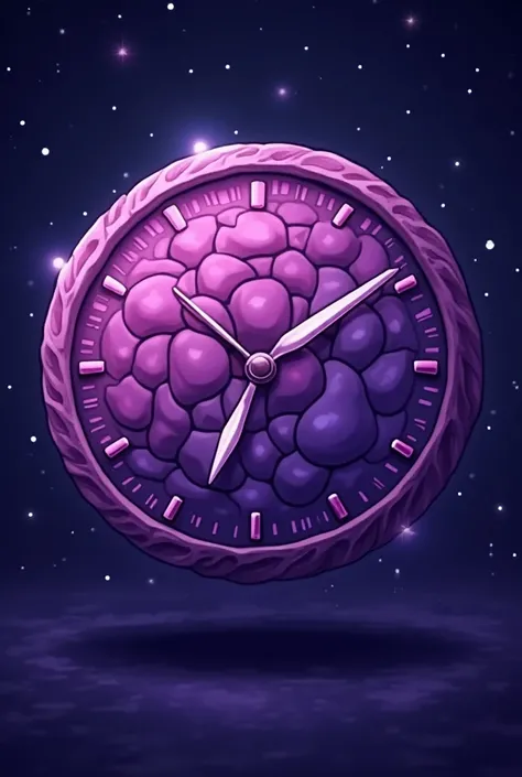 Create an image of a round clock background Galaxy mix with brain in 4K shape rendered image purple cartoon style Galaxy Marking 22:22 very cartoonish, base this information and take as an example the watch from the series Loki, the character Miss Minutes,...