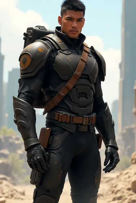 Illustrate a futuristic male soldier wearing a black tech suit. He has dark brown heavy armored plates over top that cover his chest, bracers, and thighs. The brown paint is chipped and the armor has dents and scratches. He wears knee-high armored boots. H...