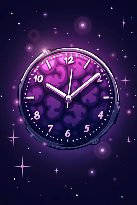 Create an image of a round clock background Galaxy mix with brain in 4K shape rendered image purple cartoon style Galaxy Marking 22:22 very cartoonish, base this information and take as an example the watch from the series Loki, the character Miss Minutes,...