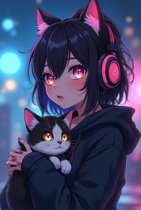 Anime Junge with headphones holding a cat and wearing headphones, junge mit katzenohren, Nightcore, Anime-Moe-Kunststil, Anime-Katze, Anime artstyle, Anime-Stil 4 k, lofi artstyle, Anime-Stil. 8k, in Anime-Stil, kuvshinov ilya, digitale Anime-Illustration,...