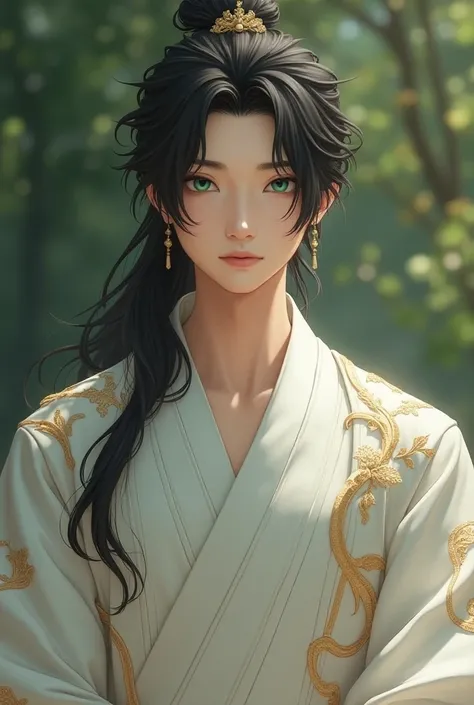 (absurdres, highres, ultra detailed, HDR), masterpiece, intricate, best quality, a male character, a pretty boy, black long hair green eyes, wearing a gorgeous and elaborate white hanfu