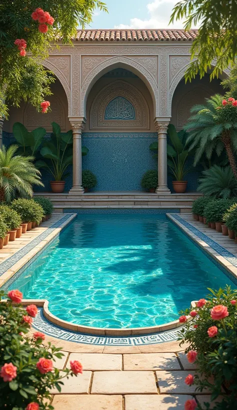 Detailed close-up of paradise elements - An ornate blue-tiled pool with Persian calligraphy along the edges, surrounded by lush greenery and blooming flowers. Soft sunlight shines on each petal and leaf, illuminating the detailed Islamic patterns on walls ...