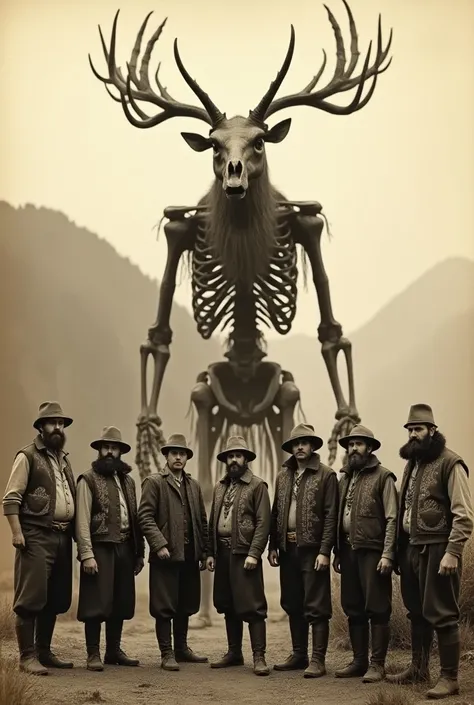 A group of Polish highlanders (Górale) standing in front of a large skeletal monster with the head of a deer and the body of a human. The Górale are dressed in traditional clothing with embroidered vests, wide belts, and fur-lined hats, expressing serious ...