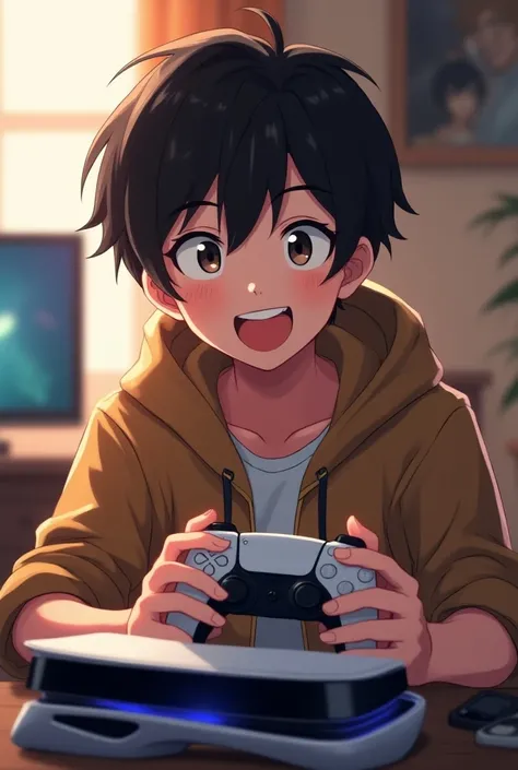 Create a smiling 17-year-old teenage boy with dark brown hair in anime format playing PlayStation 5