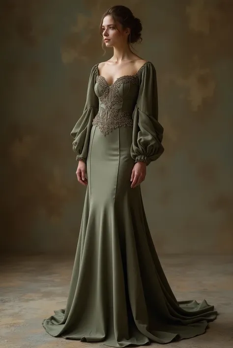 This revealing gown is inspired by a laurel and is done primarily in dusky colors.  It has a flared skirt with a corset about the waist and long gathered sleeves.