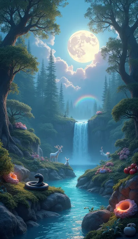  masterpiece , 最 lyrics,  lyrics, CG, 8K, Scenery, Evening, NULL, cloud, No one〜 I dont have  , Lush forest ,  Beautiful waterfall , rainbow,  fantasy images, fire fly, moonlight, Aurora, Wood, black snake on Wood,  A flock of apples , mousse , albino deer...