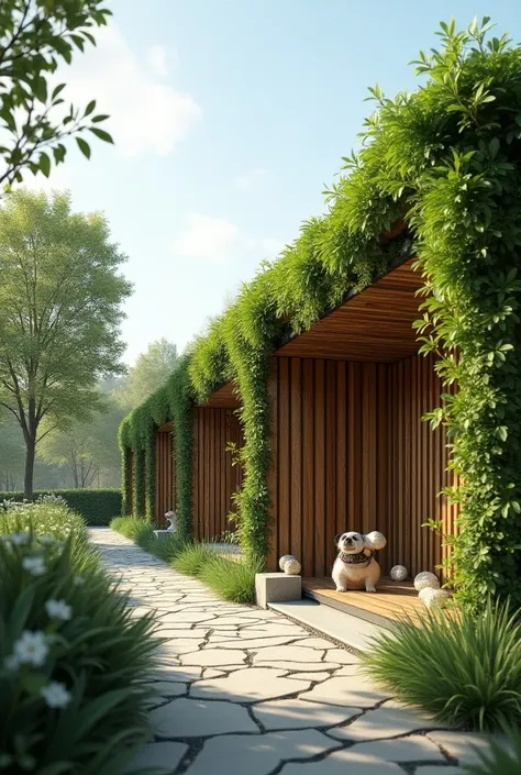 A sustainable shelter for dogs with solar panels, green wall