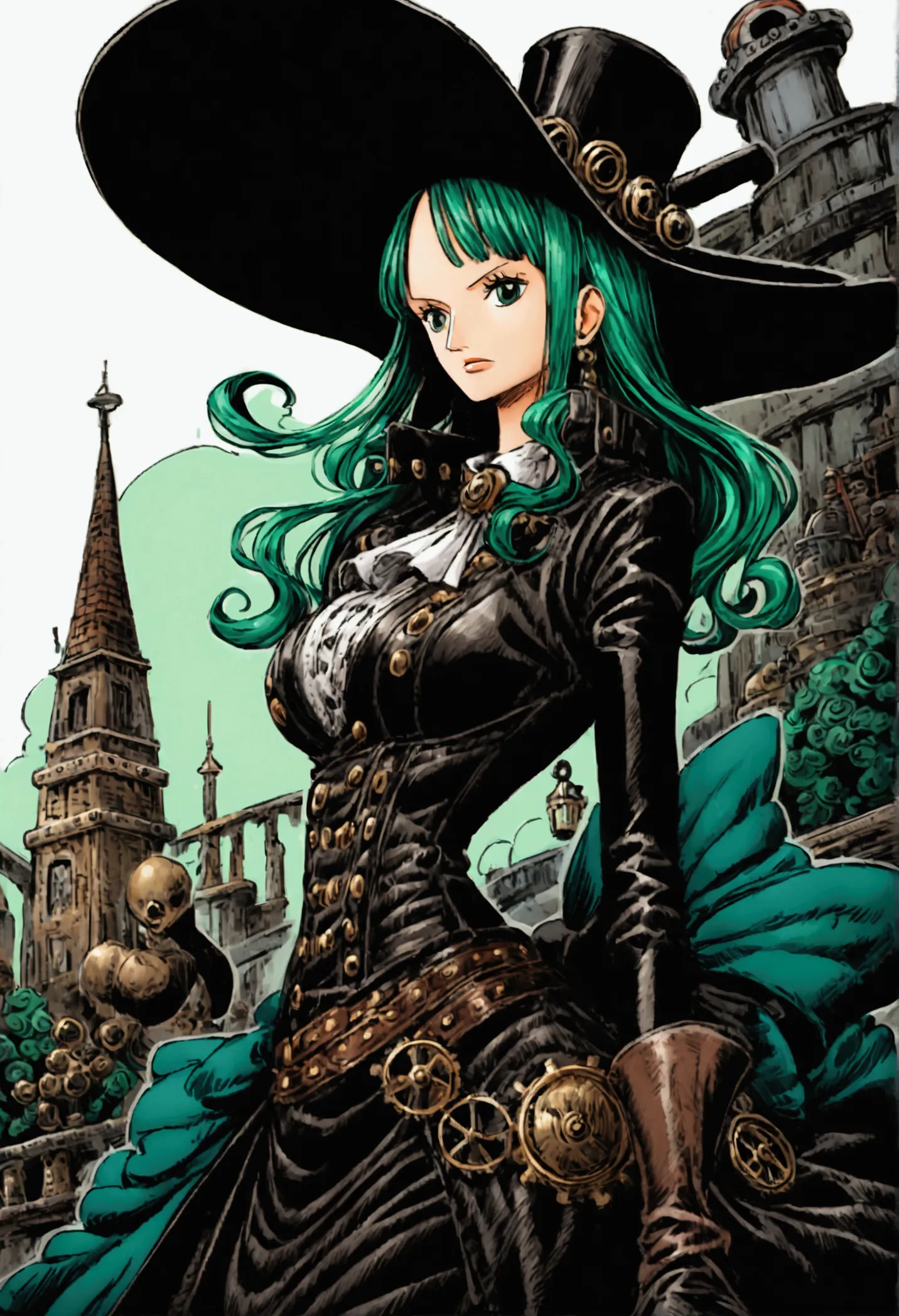 a one piece girl characters, pretty, elegant, steampunk clothes, blue and green colors, big hat