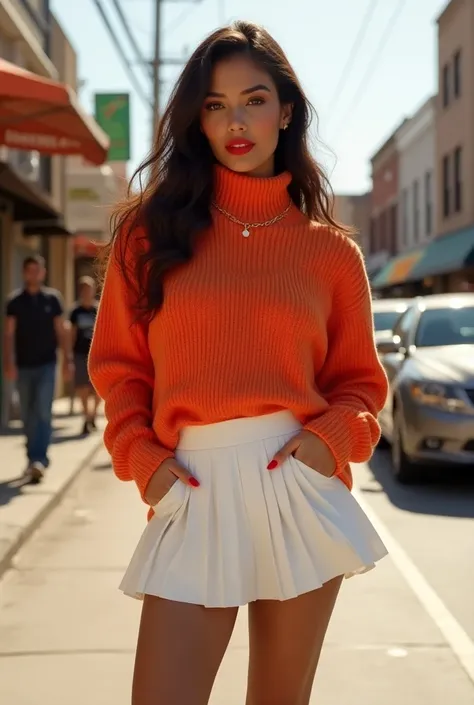 beautiful fit athletic tanned hispanic woman, age 19, thick wool over sized colorful turtle neck sweater, white pleated mini skirt, black leggings, standing on a busy street in Texas, very long length brunette hair, full body view, hourglass figure, red li...