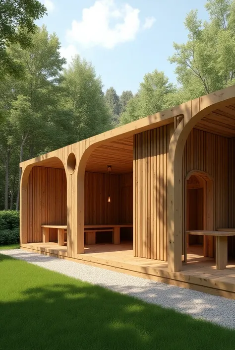 façade of a sustainable shelter for dogs made of wood