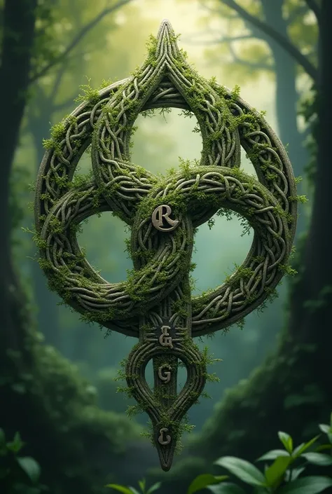 A Celtic triskelion, each branch of which symbolizes its element, Air with the letter E ,   Earth with the letter M ,  water with the letter M .  Also represented are the letters G and N entwined with the symbol of eternity.