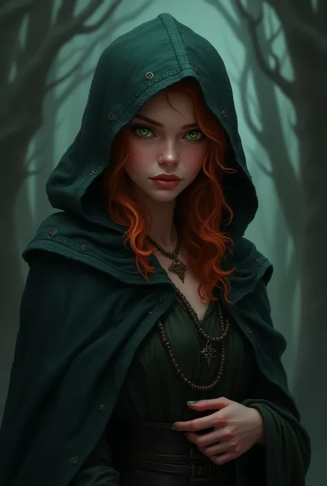 covered from neck down, a ginger hair, white woman, green eyes, high elf, magician, dark fantasy, rpg game, pixel art, portrait