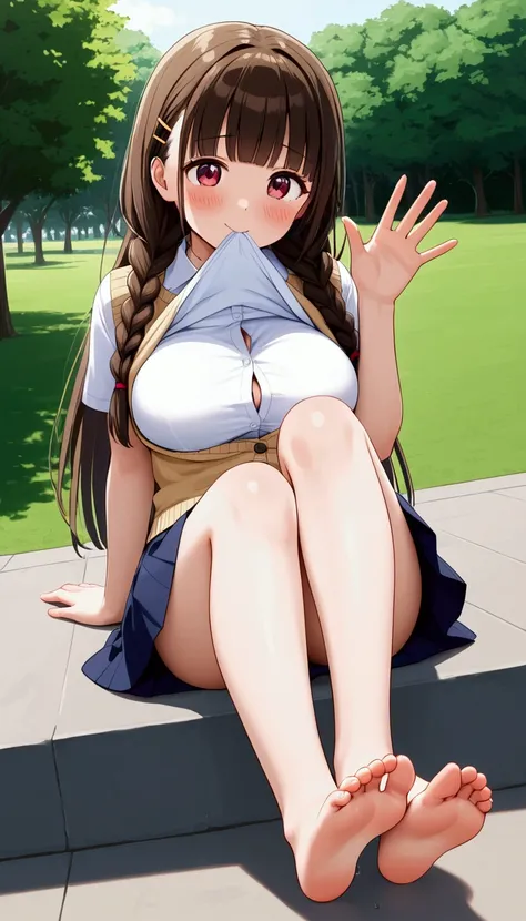 {Best Quality}, {Very beautiful},{Ultra fine},{Best illustration},NSFW,Brown Hair,hime cut,Long Hair,Braids,Woman sitting,Excited face,Cutesy,Woman looking up,Embarrassed,High school girl, knitted cardigan,Short sleeve,skirt,barefoot,Bare legs,Big Breasts,...