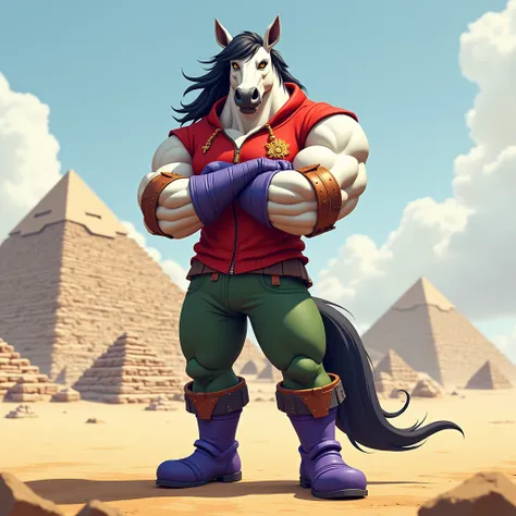  A white muscular furry horse with a black mane in copper bracelets, in purple boots , in green pants, in a red sleeveless zip-up sweater, wearing blue gloves with arms crossed over his chest, he stands against the background of the Egyptian pyramids 