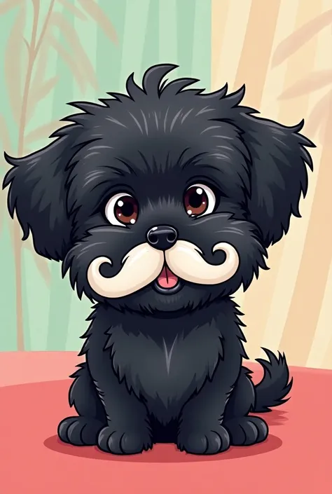 Shitzu dog , The fur is black and the mustaches are white, in cartoon 