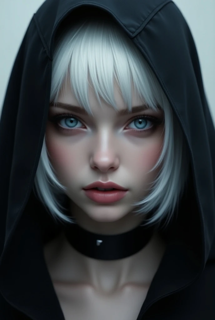 choker, hood, looking_at_viewer, black_choker, blue_eyes, white_hair, bangs, closed_mouth, upper_body