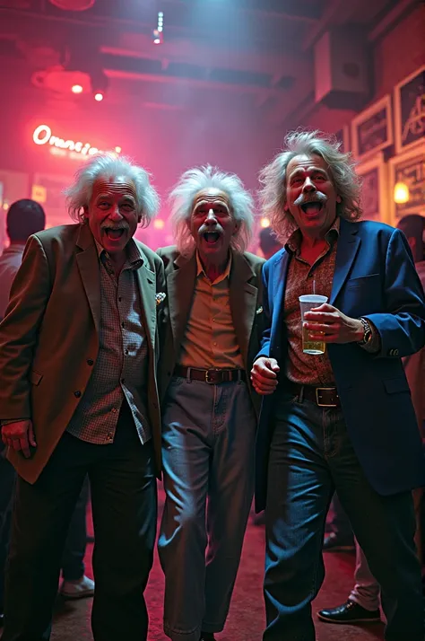 photo of albert einstein, issac newton and neil degrasse tyson partying hard, like smoking and drinking at a 90s grunge party having fun