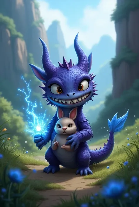 Create Magic the Gathering style: a small sparkling blue Dragonette with ruined purple scales, fat with a sarcastic smile exuding a blue mana in a valley holding a scared little rabbit