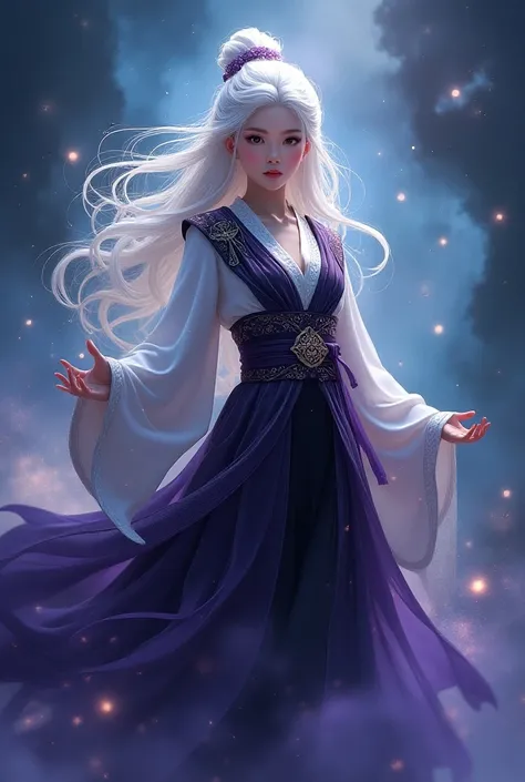 cosmic apothecary, white hair, chinese girl, starlight cosmic, purple black and white outfit, full body, chinese outfit