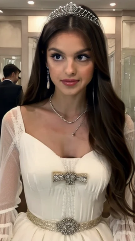 oliviarodrigo, modeling at a palace setting, adorned in a stately satin, lace and tulle ballgown wedding dress, bow in back, bows on skirt, long sleeves, modest, Crowning her head is a tiara and a veil while diamond earrings and necklace sparkle in contras...