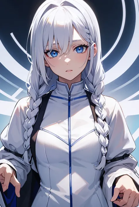 Excellent, masterpiece, white Hair, blue eyes, in white clothes,  upper body , Hair, light skin,  side braids ,  Best quality 