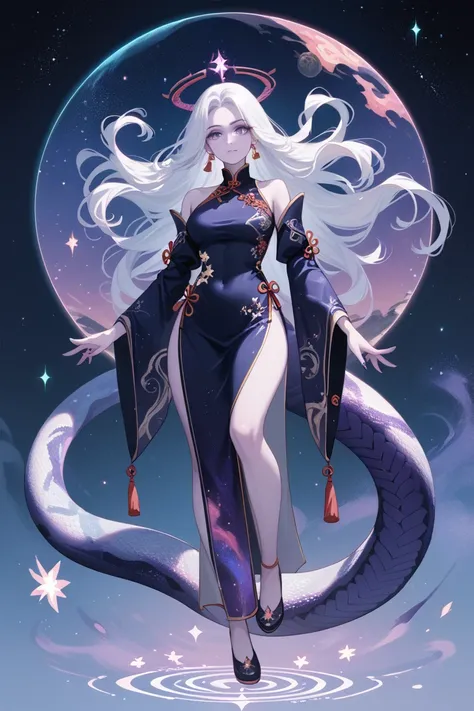 cosmic apothecary, white hair, chinese girl, starlight cosmic, purple black and white outfit, full body, chinese outfit, cosmic, galaxy, snake girl