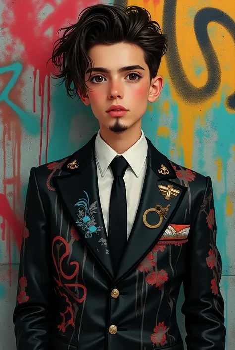 An elegant boy ,  in a graffiti suit and goatee 