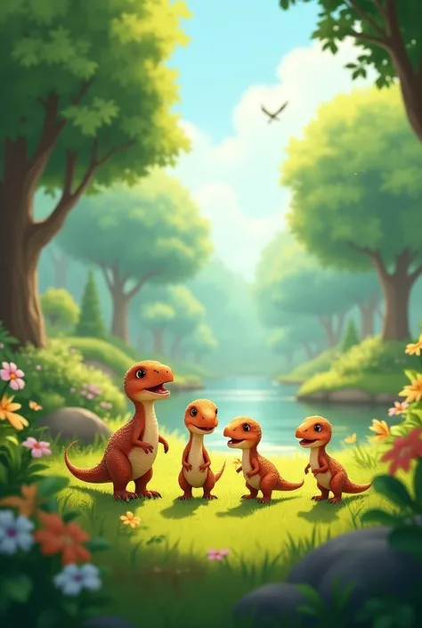 Baby dinosaurs playing in the park 
