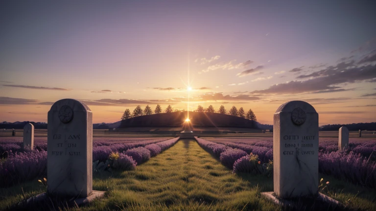 A reflective image showing a grave marker in a serene field at sunset, with a soft, golden light illuminating the scene. In the background, a sky of purple and gold tones represents the evening, bringing a spiritual and contemplative atmosphere. The image ...