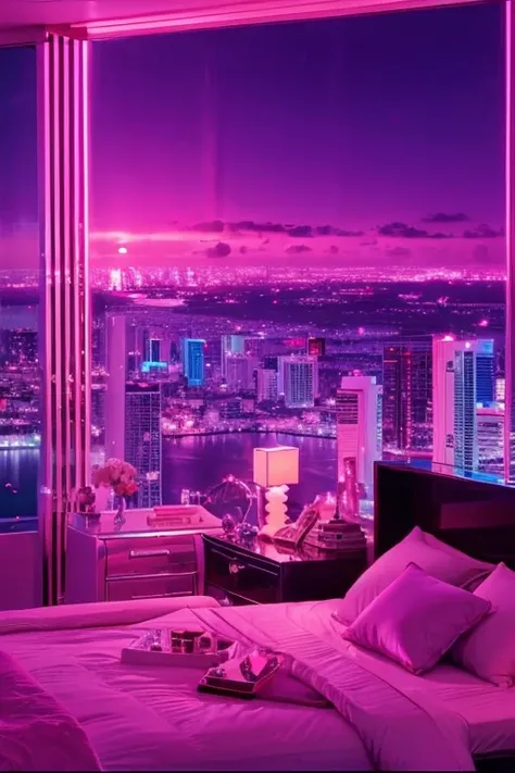 dreamy, luxurious bedroom with white satin metallic glossy furniture at twilight with a view overlooking of miami vice city sunset. gradient of purple and pink sky, enhancing the magical, serene atmosphere. 1989 retro, retrowave, dazecore, neon noir