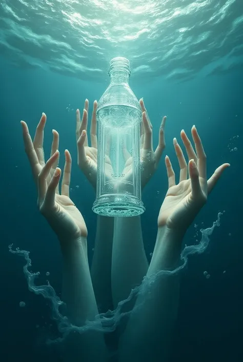 Create several hands coming out of the sea with a water texture holding a bottle