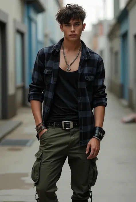  A young man dressed in an alternative outfit inspired by the 2000s .  He wears a black tank top with a graphic design subtle in the chest,  under a plaid shirt in dark shades , Like navy blue and black ,  style that is open and with the sleeves slightly r...