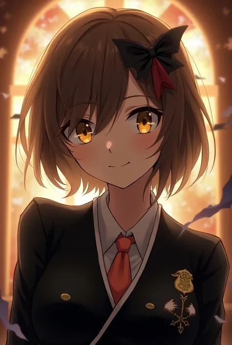 A female character, short brown hair that reaches her shoulders, golden eyes, gentle smile, a black bow on a lock, shinigami clothes, Bleach anime style.