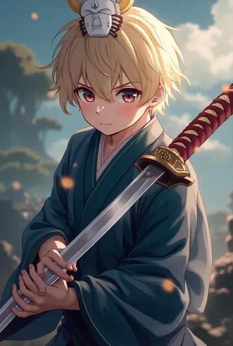 Cute blonde male anime samurai with short curly hair wearing white inari mask on his head and holding katana in epic pose 