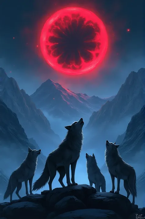 Create an image of wolves looking at the full Moon on top of mountains but instead of the Moon there will be a Sharingan instead of the Moon