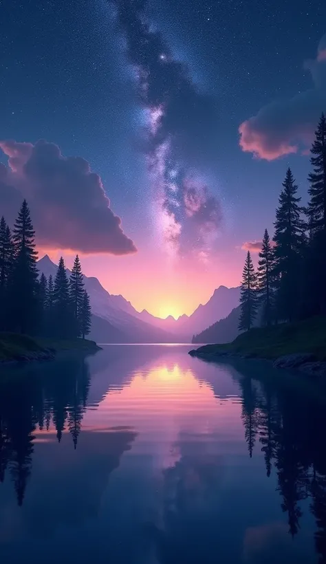 A breathtaking twilight landscape featuring a tranquil lake with a mirrored reflection of the starry sky above. The sky transitions from deep blue to purple and golden hues, highlighting the distant horizon. Tall evergreen trees line the shores, their silh...