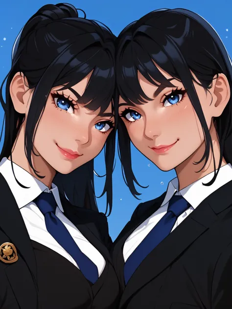 Arthur Adams-style portrait of athletic twin sisters standing side by side. Both wear black suits with high detail. The sister on the left has long black hair in a ponytail, cold blue eyes, a serious expression, and a blue tie. The sister on the right has ...