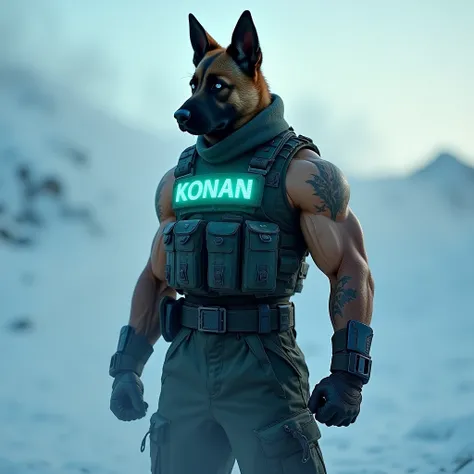 /image 
8k, highly detailed, extremely detailed, dynamic angle,  
best quality, highest quality, ultra high res, masterpiece, 
one giga chad with black brown Malinois dog head, light mint eyes, muscle, 
he wears a special forces uniform with light mint neo...