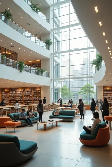 A future ,  library with people studying , Futuristic and what would the library be like in 2030
LESS FUTURISTIC 