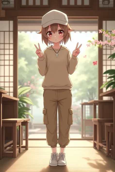 demon girl,  Short light brown hair ,white cap,silver cross necklace, beige sweatshirt , cargo pants,white tennis shoes,At a Japanese cafe making peace signs