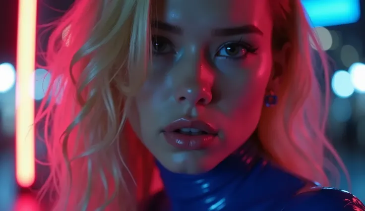 ((best quality)), ((​masterpiece)), (detailed), ((background Cyber)), wet look, ((blond long Hair)), ((Intricate detailing, in the night time, Contre-Jour, random neon color, View from afar, random pose, blue latex bodysuit, face focus, hell picture, light...