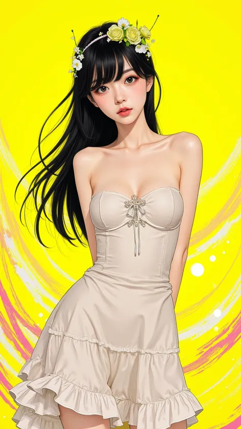 japanese expressionist sketch, 1 busty slender girl, cleavage, dress, long hair, neon color palette, yellow, arms behind back, 