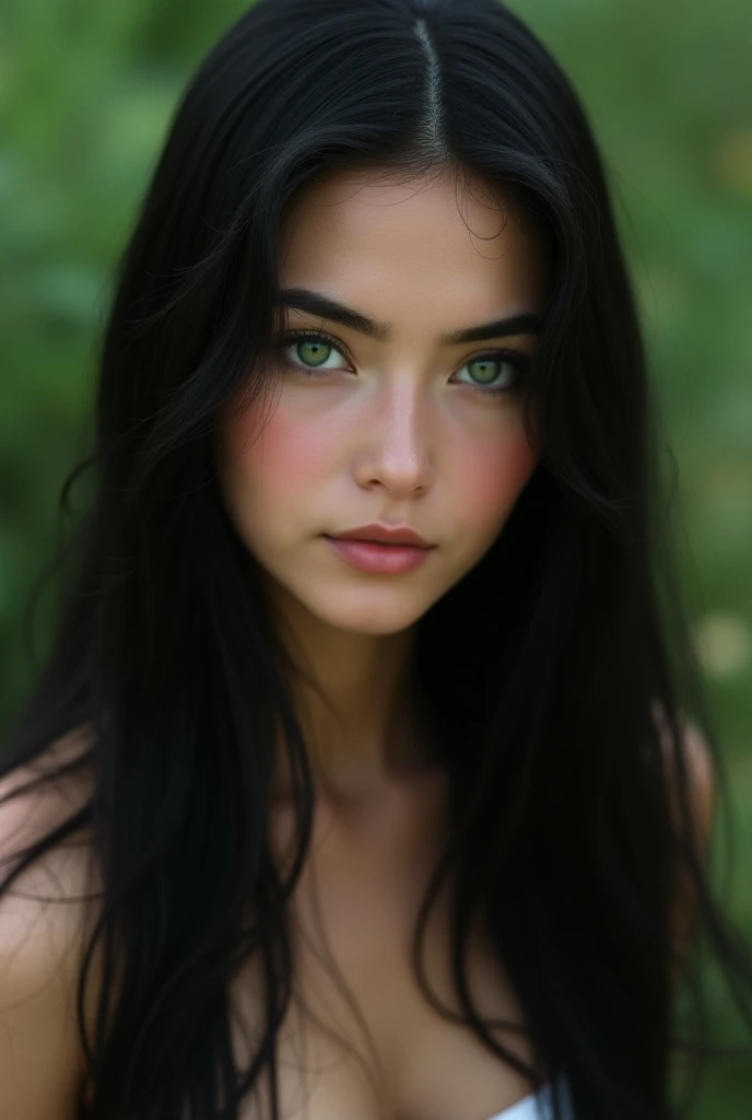 Beautiful young woman very natural long straight and black hair, with green eyes