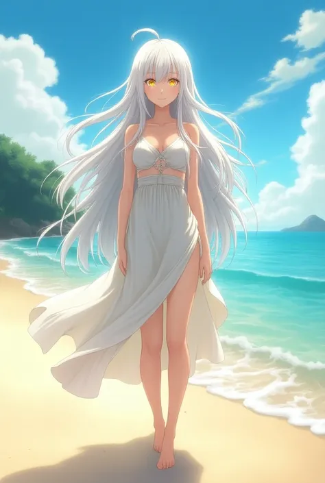 Please create a white-haired woman with long yellow eyes on the beach in anime with beach clothes