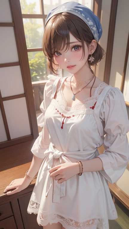 ((SFW: 1.4)), (SFW,  She wears a long white embroidered dress,  a red lace shirt ,   a white apron tied around her waist  , Blue socks,  and brown leather shoes .She wears a blue scarf on her head . Yes,  Her accessories include a necklace , earrings, and ...